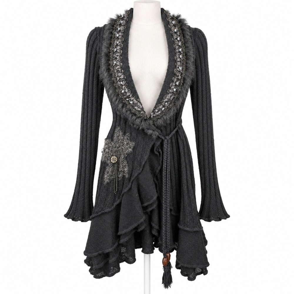 Y2K Whimsigoth Embellished Wool Cardigan Sz S Black Faux Fur Ruffle Grunge Indie